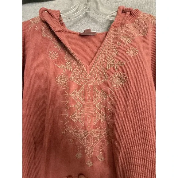 J.Jill  Hoodie Sweater Womens Large Coral Embroidered Waffle Knit Pullover Boho - Picture 2 of 12